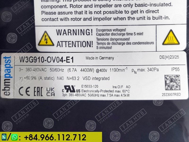EBMPAPST W3G910-OV04-E1 - EC Axial Fan, 400VAC, 910mm