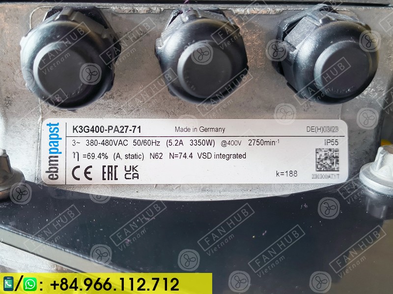 EC FAN EBMPAPST K3G400-PA27-71 - Fan For AHU, 3 Phase, 380~480VAC, 1400Pa, 11200m³/h